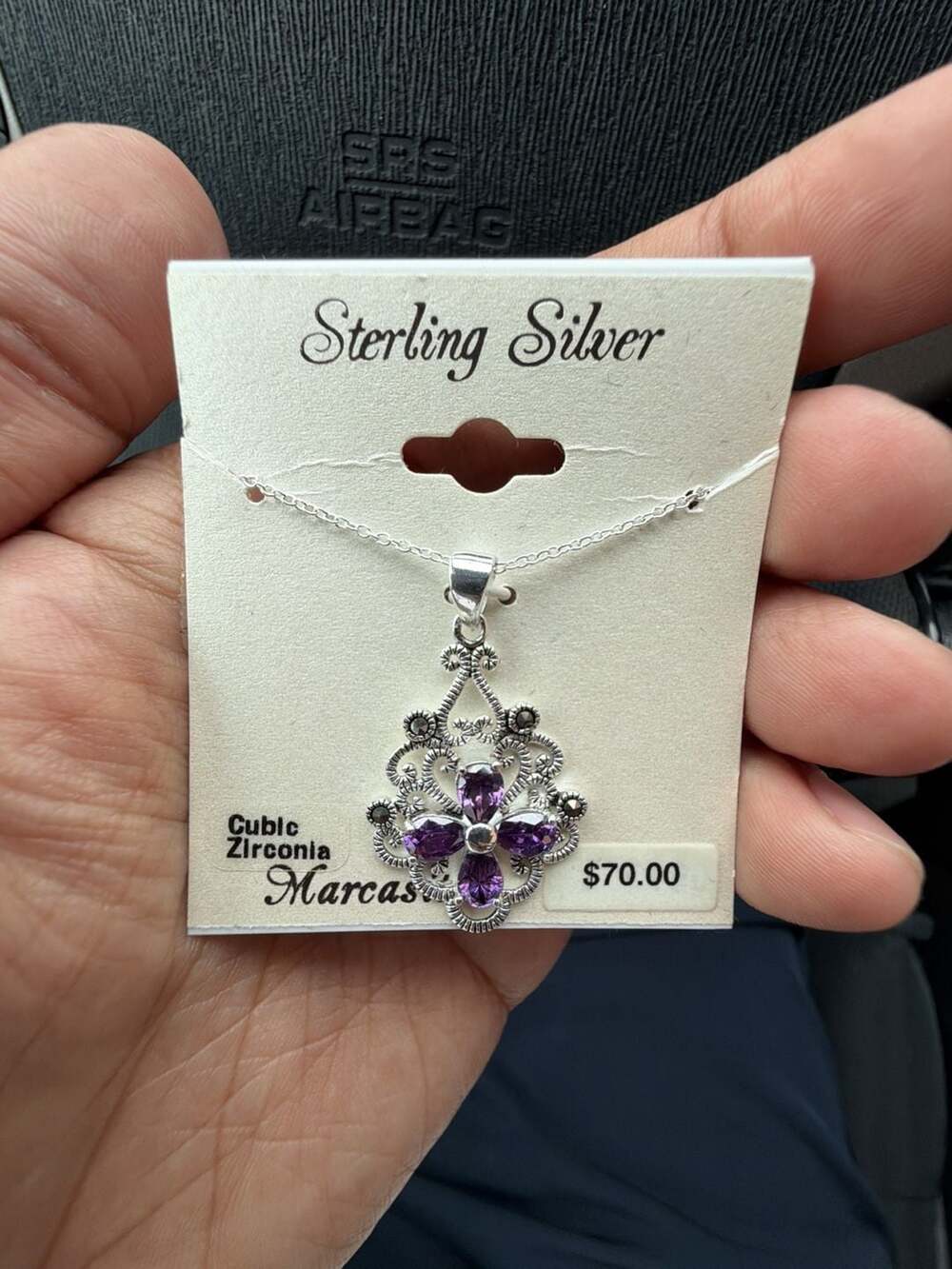 Sterling Silver Cubic Zirconia Marcasite Purple Flower Pendant Necklace